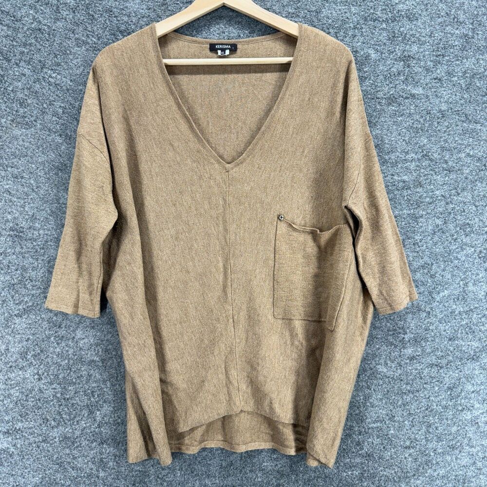 Kerisma Sweater Pullover Women M/L Brown Knit V-Neck 3/4 Sleeve Pockets Acrylic
